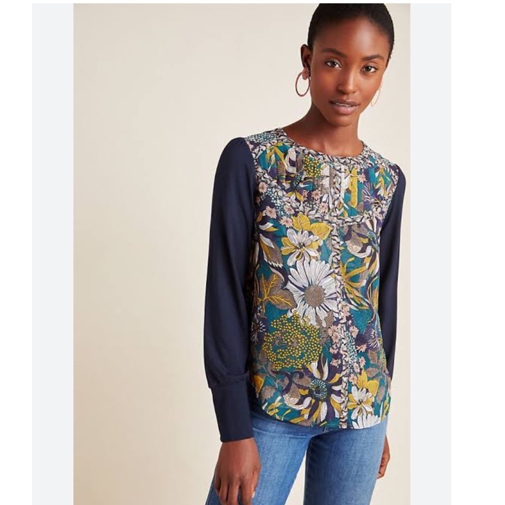 Anthropologie Tiny Wesley Floral Mixed Media Long Sleeve Blouse Navy Blue Large